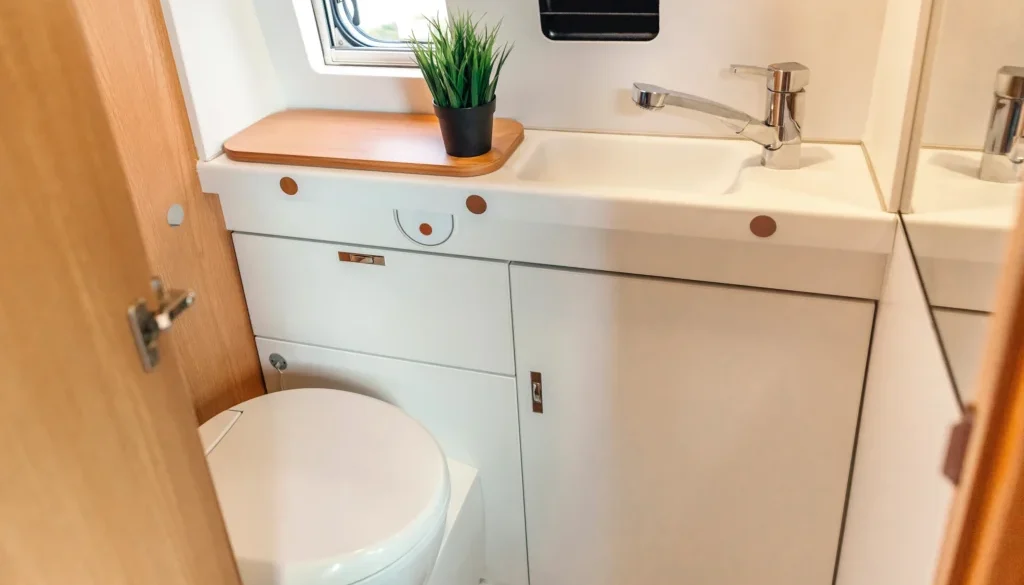 Interior of luxury portable restroom trailer