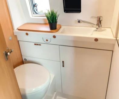 Interior of luxury portable restroom trailer