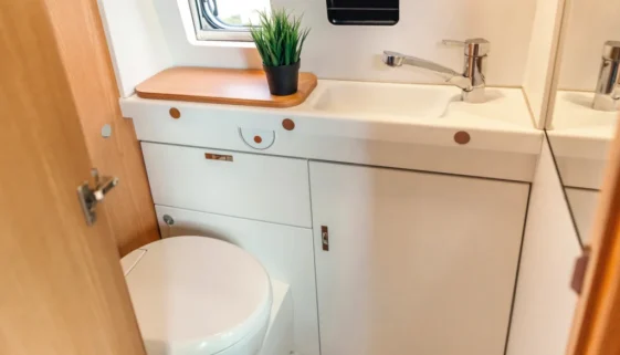Interior of luxury portable restroom trailer