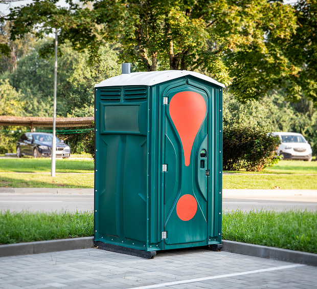 Markets Served-Parks_Card A green portable toilet featuring a vibrant red and orange design, set against a neutral background.