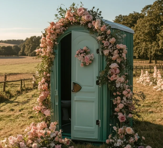 A portable toilet positioned in a charming outdoor wedding setting, enhanced with decorative elements for a special occasion.